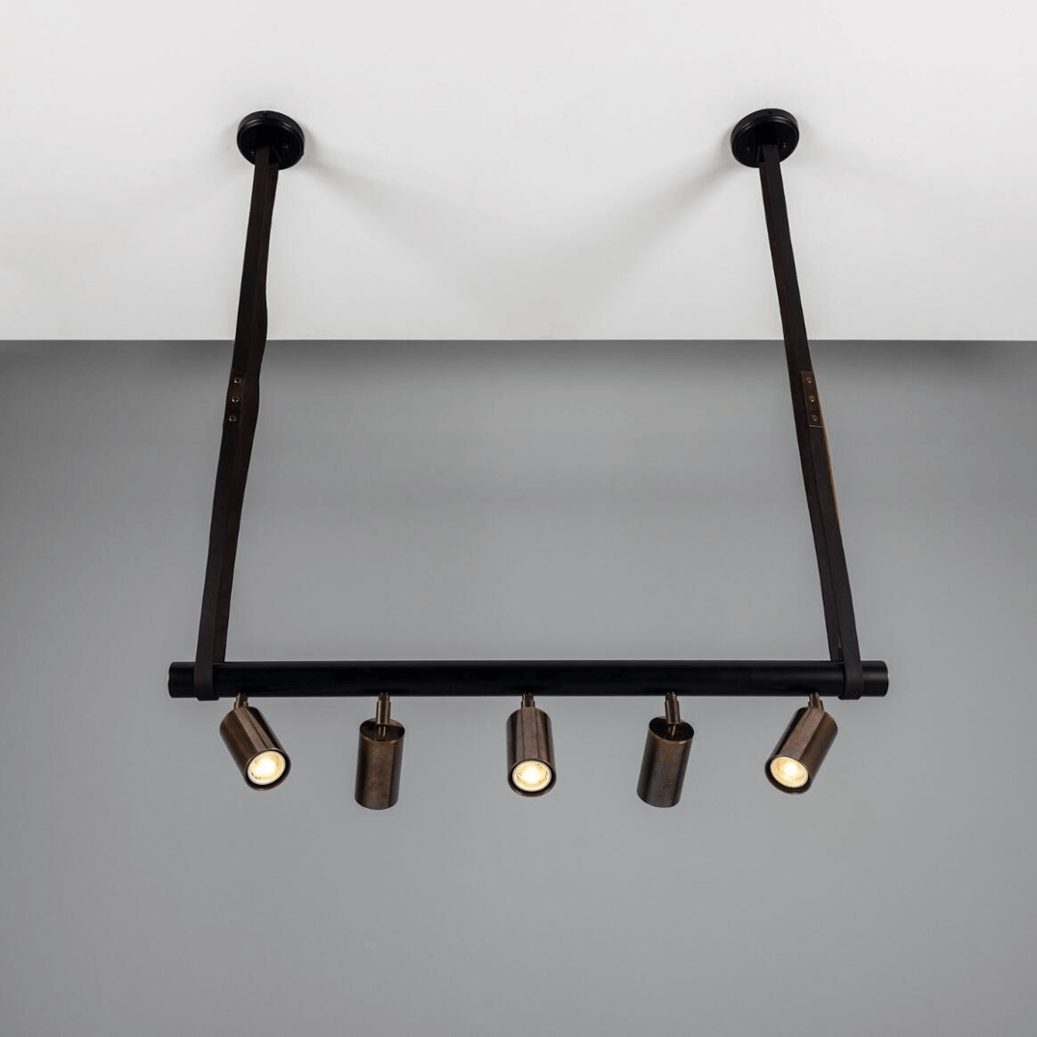 Mullan Holmes Linear Island Pendant with Leather Straps Five-Light - Powder-Coated Matte Black and Antique Brass Finish