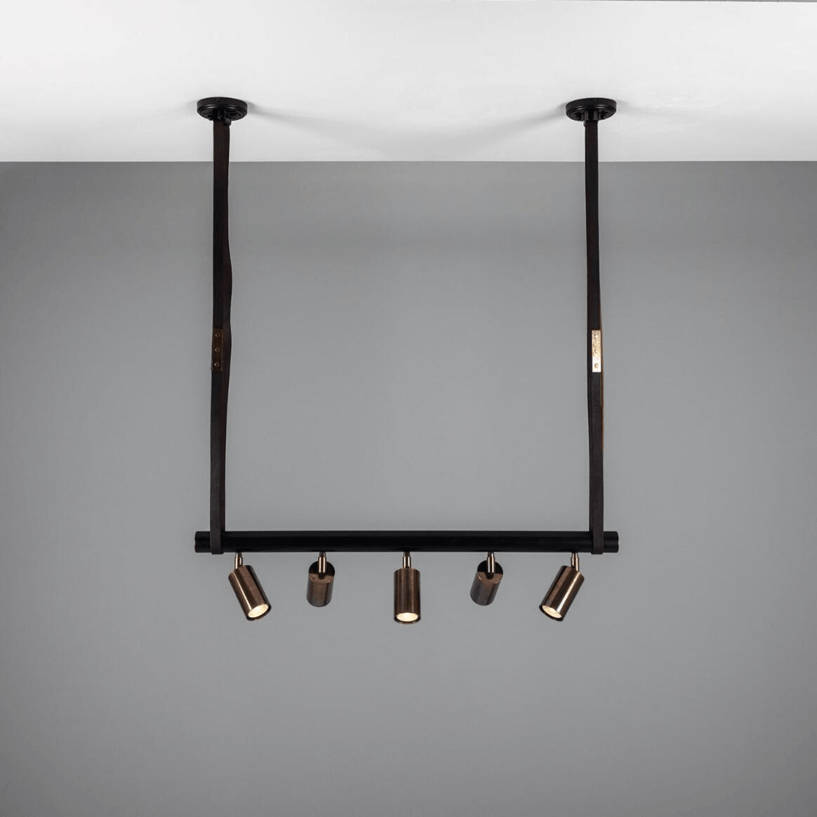 Mullan Holmes Linear Island Pendant with Leather Straps Five-Light - Powder-Coated Matte Black and Antique Brass Finish