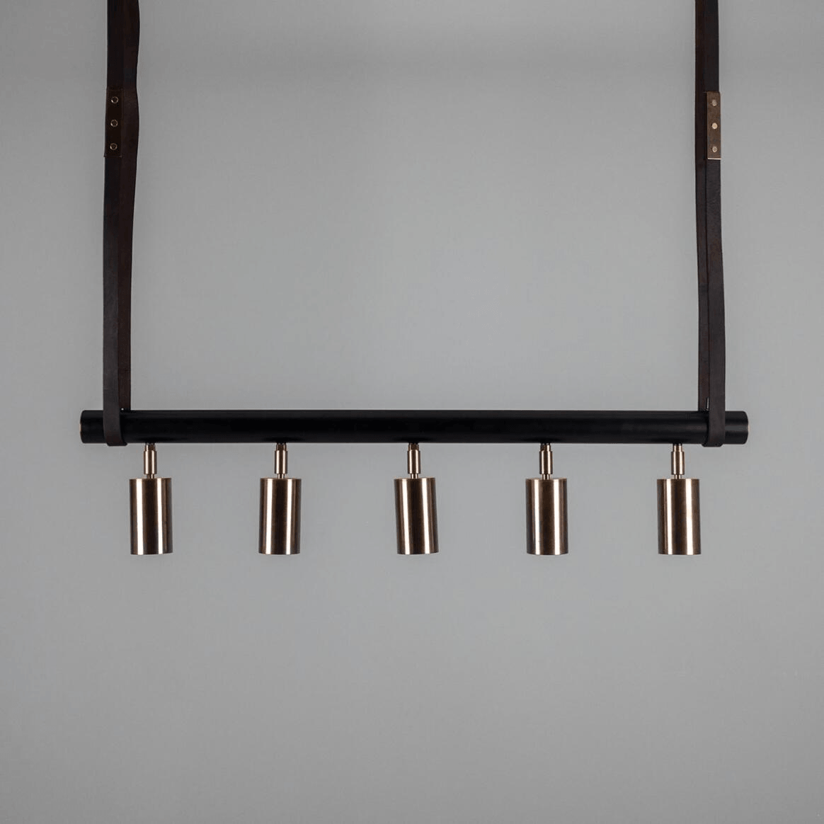 Mullan Holmes Linear Island Pendant with Leather Straps Five-Light - Powder-Coated Matte Black and Antique Brass Finish