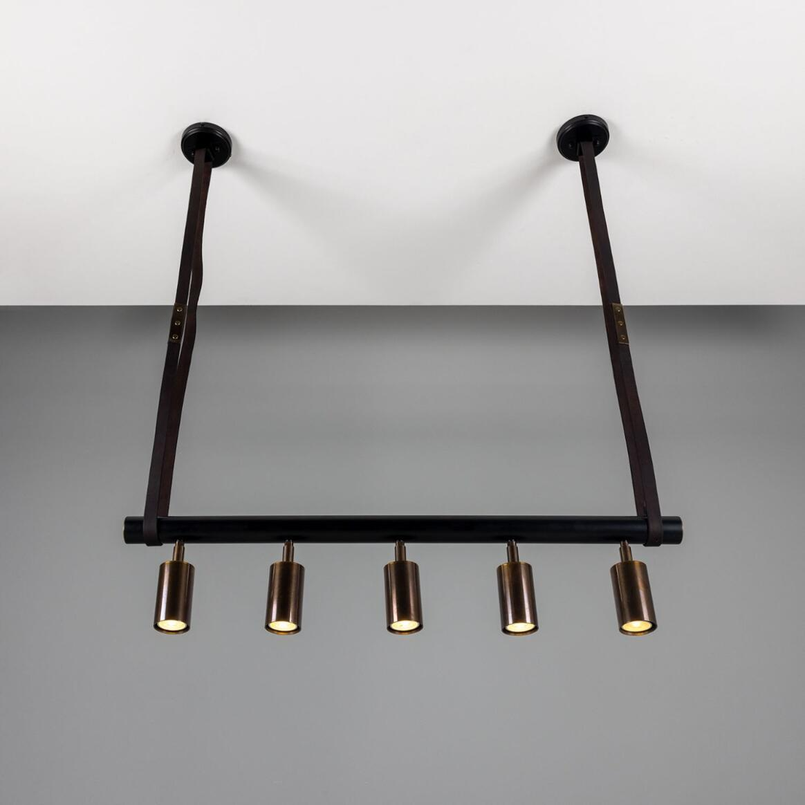 Mullan Holmes Linear Island Pendant with Leather Straps Five-Light - Powder-Coated Matte Black and Antique Brass Finish