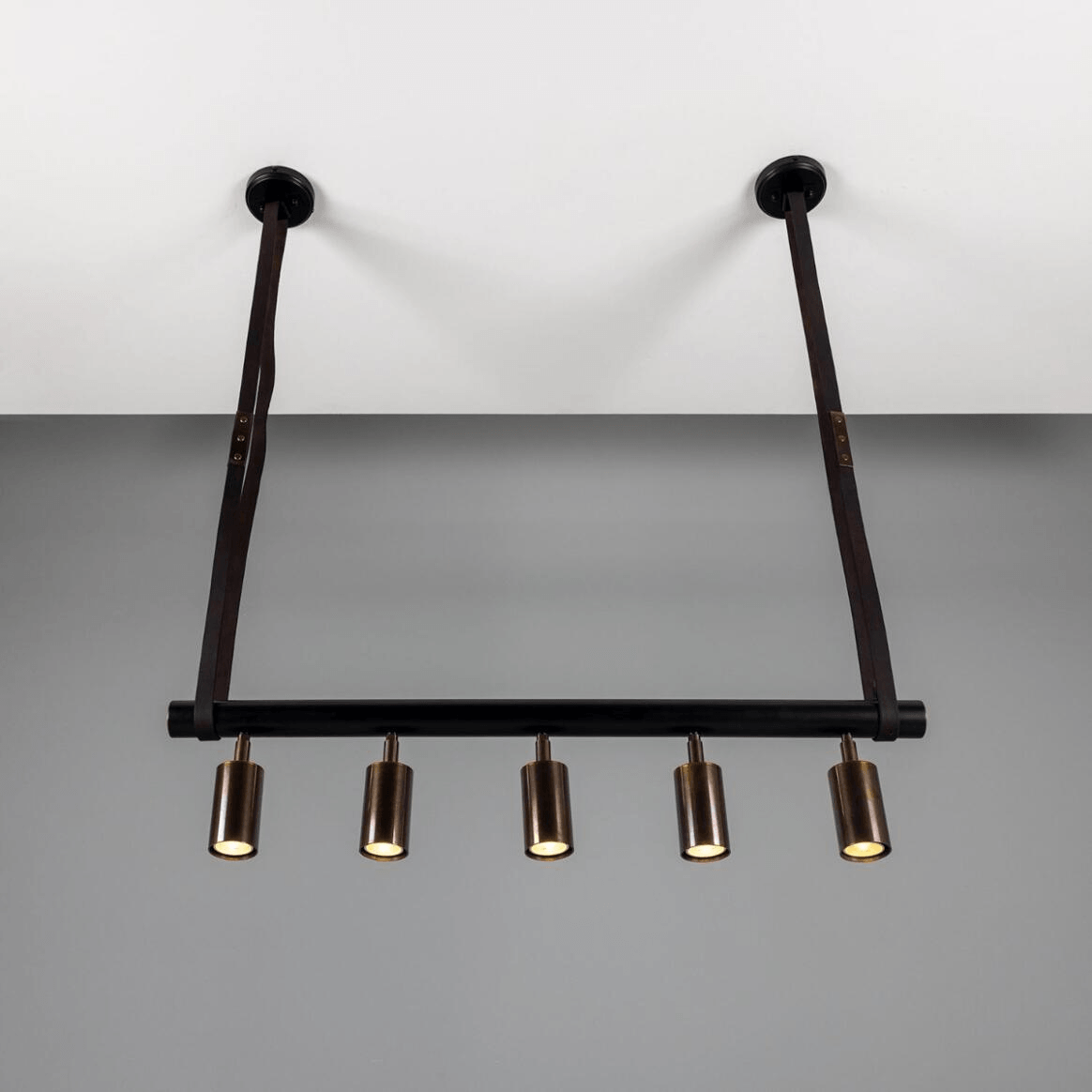Mullan Holmes Linear Island Pendant with Leather Straps Five-Light - Powder-Coated Matte Black and Antique Brass Finish