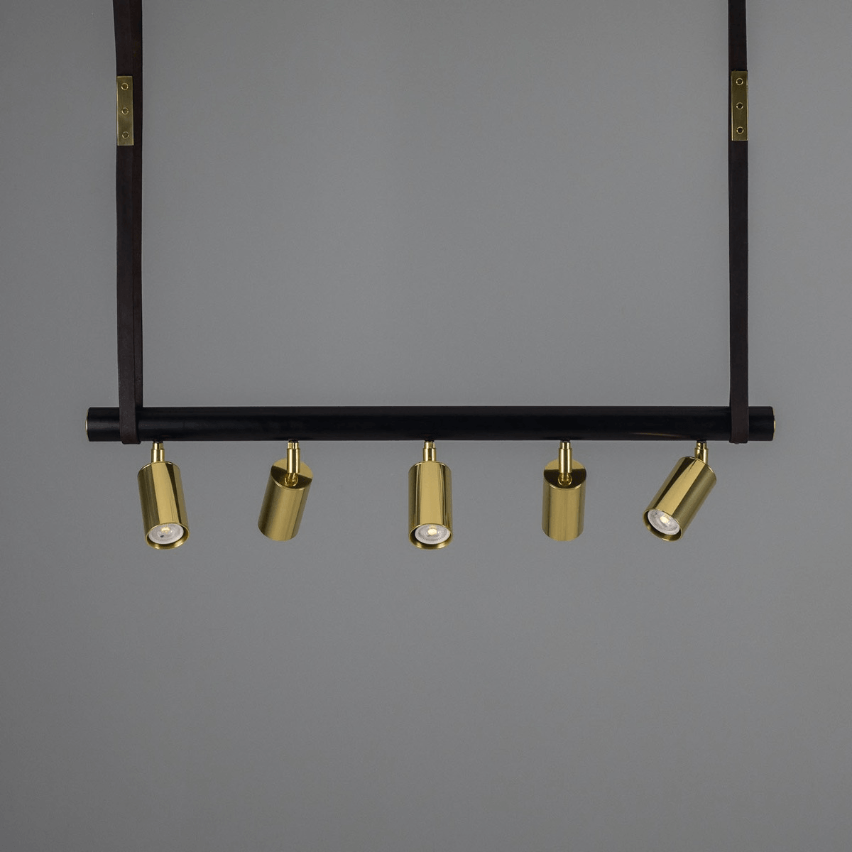 Mullan Holmes Linear Island Pendant with Leather Straps Five-Light - Powder-Coated Matte Black and Polished Brass Finish