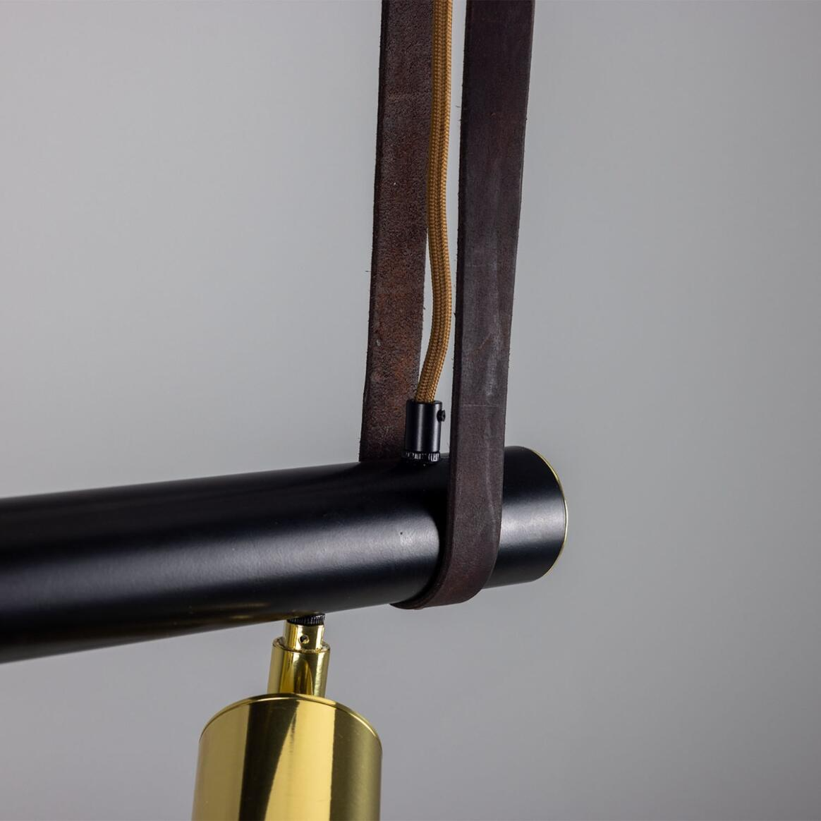 Mullan Holmes Linear Island Pendant with Leather Straps Five-Light - Powder-Coated Matte Black and Polished Brass Finish