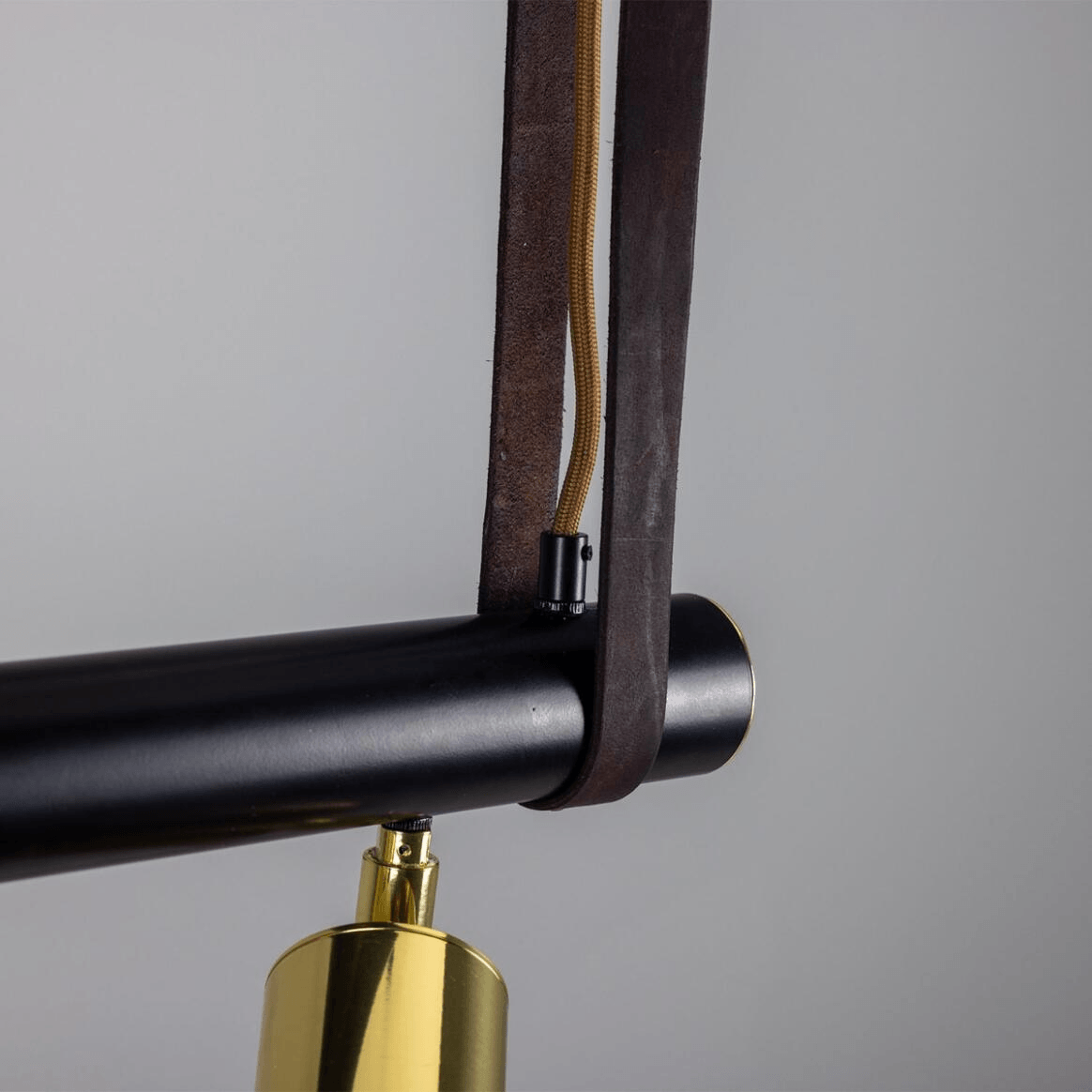 Mullan Holmes Linear Island Pendant with Leather Straps Five-Light - Powder-Coated Matte Black and Polished Brass Finish