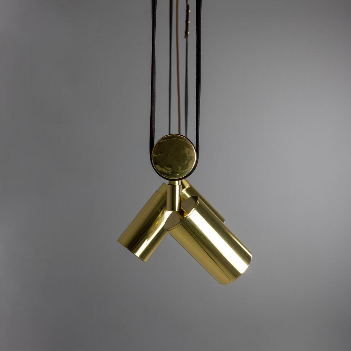 Mullan Holmes Linear Island Pendant with Leather Straps Five-Light - Powder-Coated Matte Black and Polished Brass Finish
