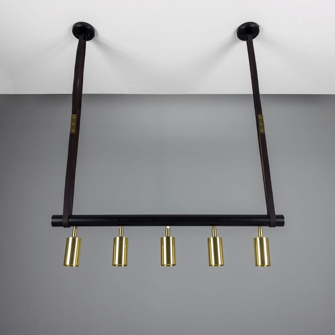 Mullan Holmes Linear Island Pendant with Leather Straps Five-Light - Powder-Coated Matte Black and Polished Brass Finish