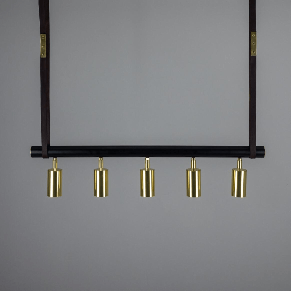 Mullan Holmes Linear Island Pendant with Leather Straps Five-Light - Powder-Coated Matte Black and Polished Brass Finish