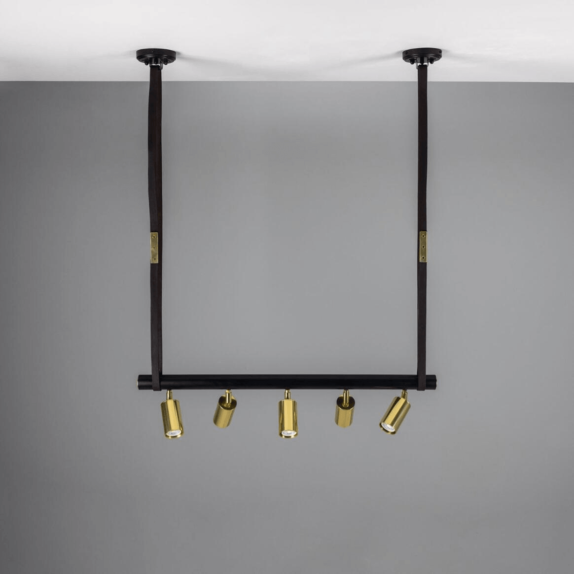 Mullan Holmes Linear Island Pendant with Leather Straps Five-Light - Powder-Coated Matte Black and Polished Brass Finish