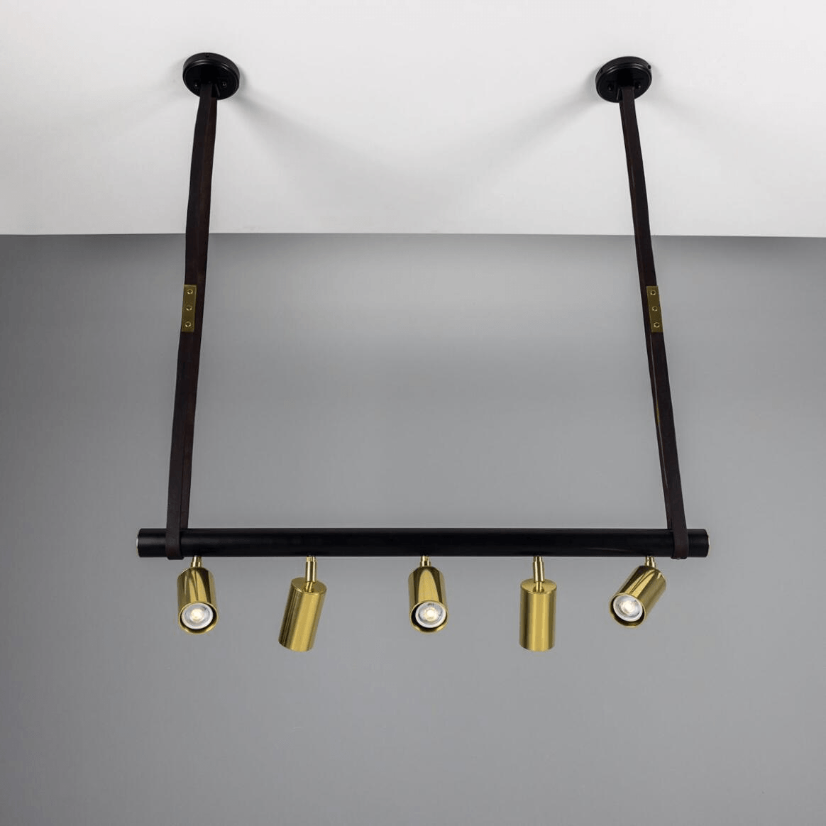 Mullan Holmes Linear Island Pendant with Leather Straps Five-Light - Powder-Coated Matte Black and Polished Brass Finish