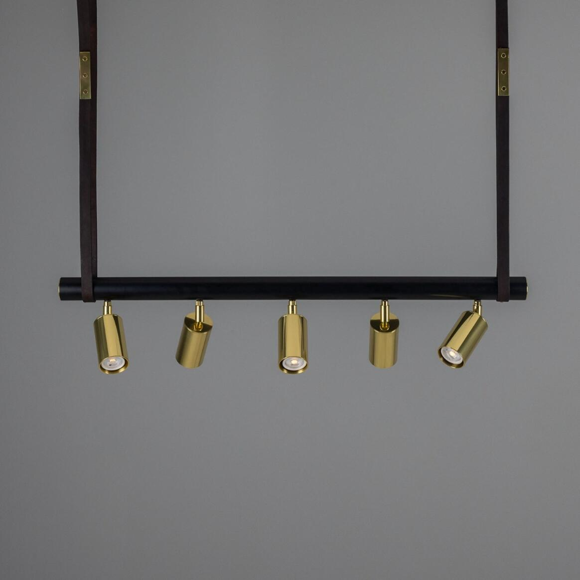 Mullan Holmes Linear Island Pendant with Leather Straps Five-Light - Powder-Coated Matte Black and Polished Brass Finish
