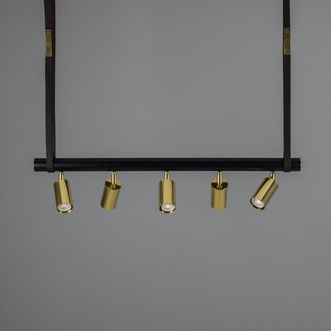 Mullan Holmes Linear Island Pendant with Leather Straps Five-Light - Powder-Coated Matte Black and Polished Brass Finish