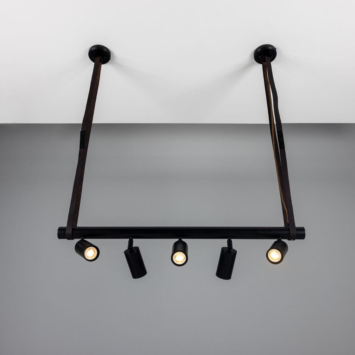 Mullan Holmes Linear Island Pendant with Leather Straps Five-Light - Powder-Coated Matte Black Finish