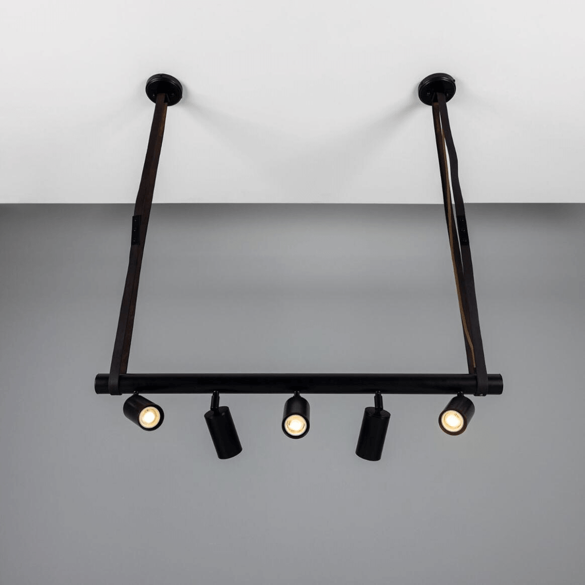 Mullan Holmes Linear Island Pendant with Leather Straps Five-Light - Powder-Coated Matte Black Finish
