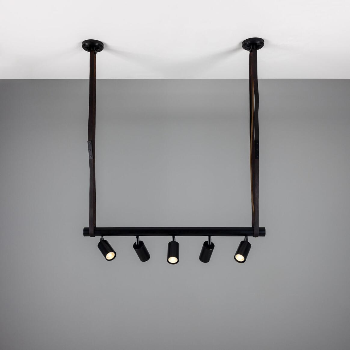 Mullan Holmes Linear Island Pendant with Leather Straps Five-Light - Powder-Coated Matte Black Finish