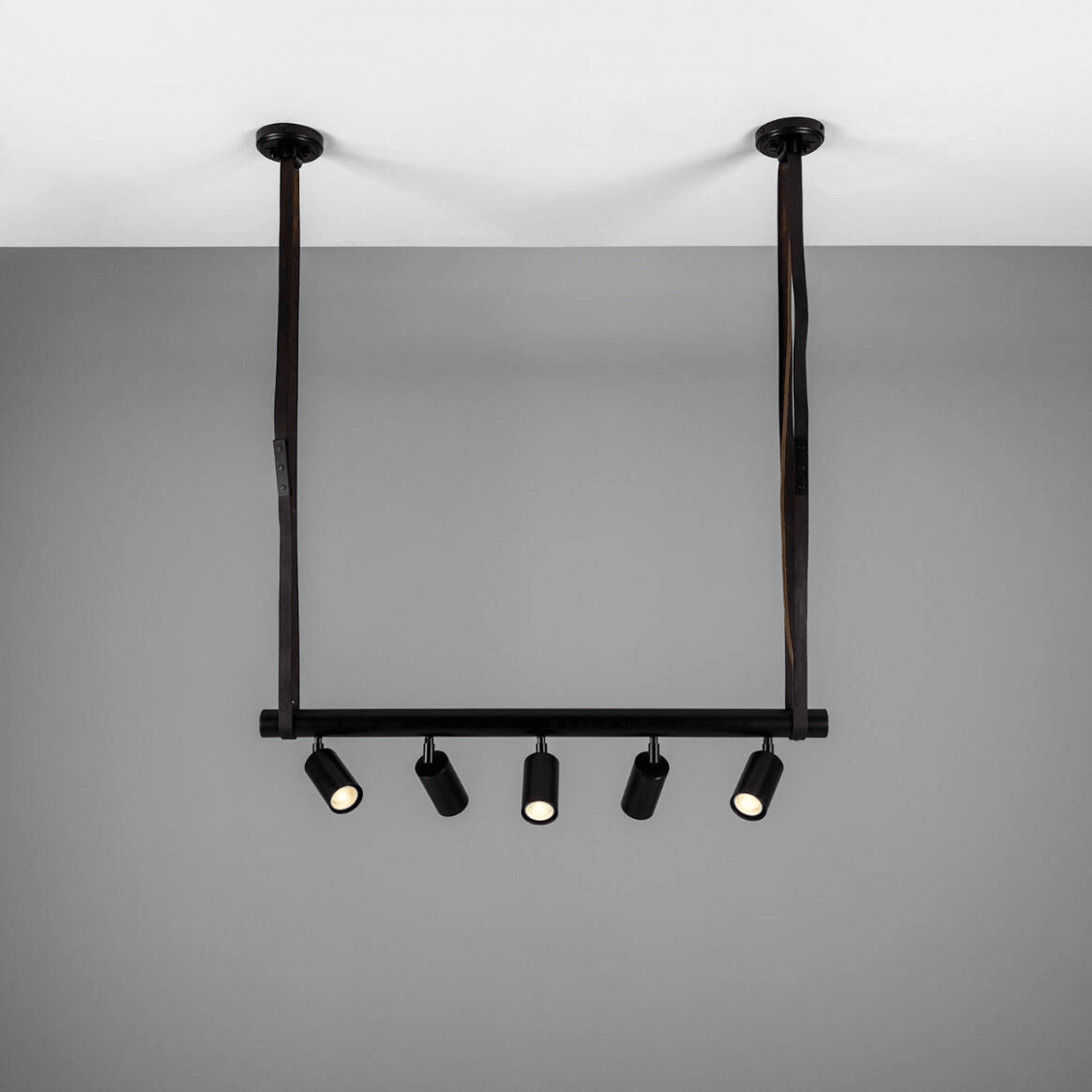 Mullan Holmes Linear Island Pendant with Leather Straps Five-Light - Powder-Coated Matte Black Finish