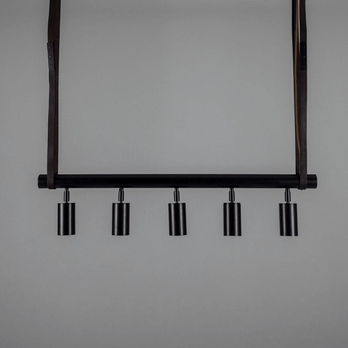 Mullan Holmes Linear Island Pendant with Leather Straps Five-Light - Powder-Coated Matte Black Finish