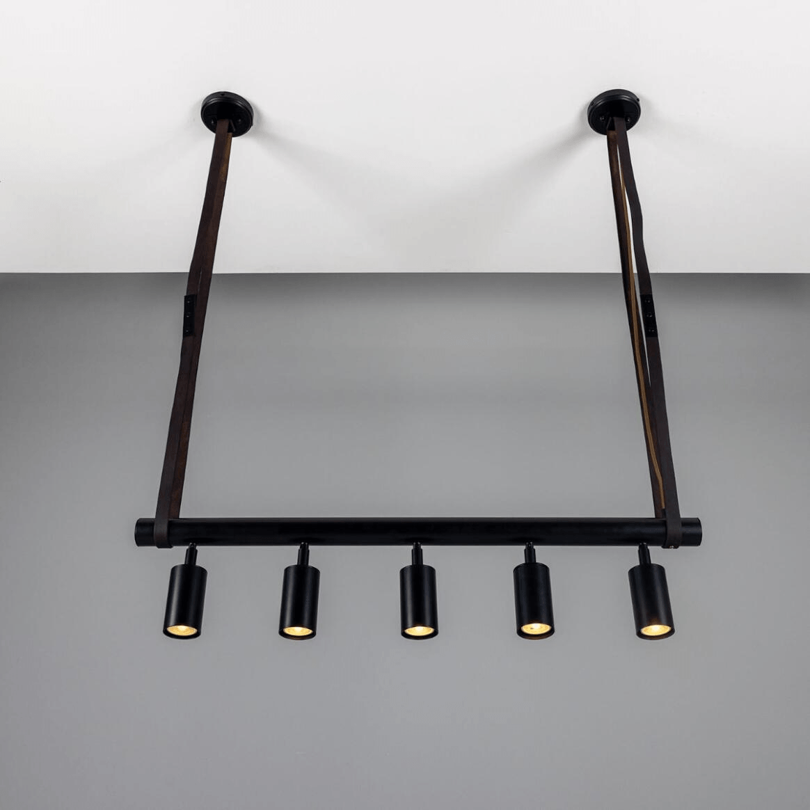 Mullan Holmes Linear Island Pendant with Leather Straps Five-Light - Powder-Coated Matte Black Finish