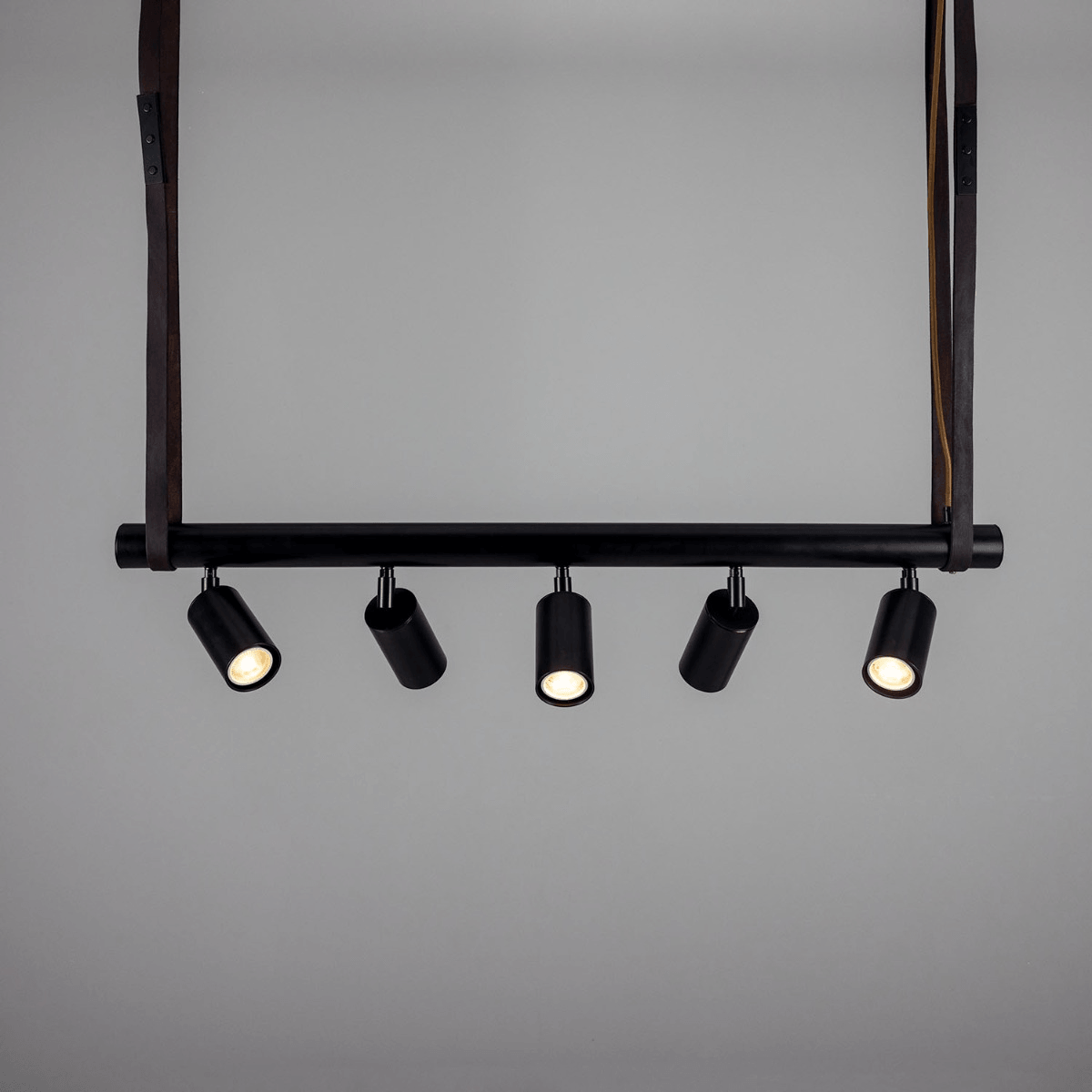 Mullan Holmes Linear Island Pendant with Leather Straps Five-Light - Powder-Coated Matte Black Finish