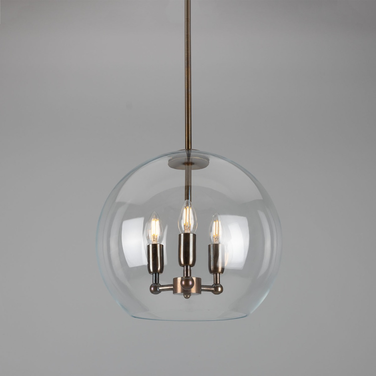 Mullan Clermont Modern Mini Chandelier with Open Glass Globe Three-Light - Antique Brass Finish