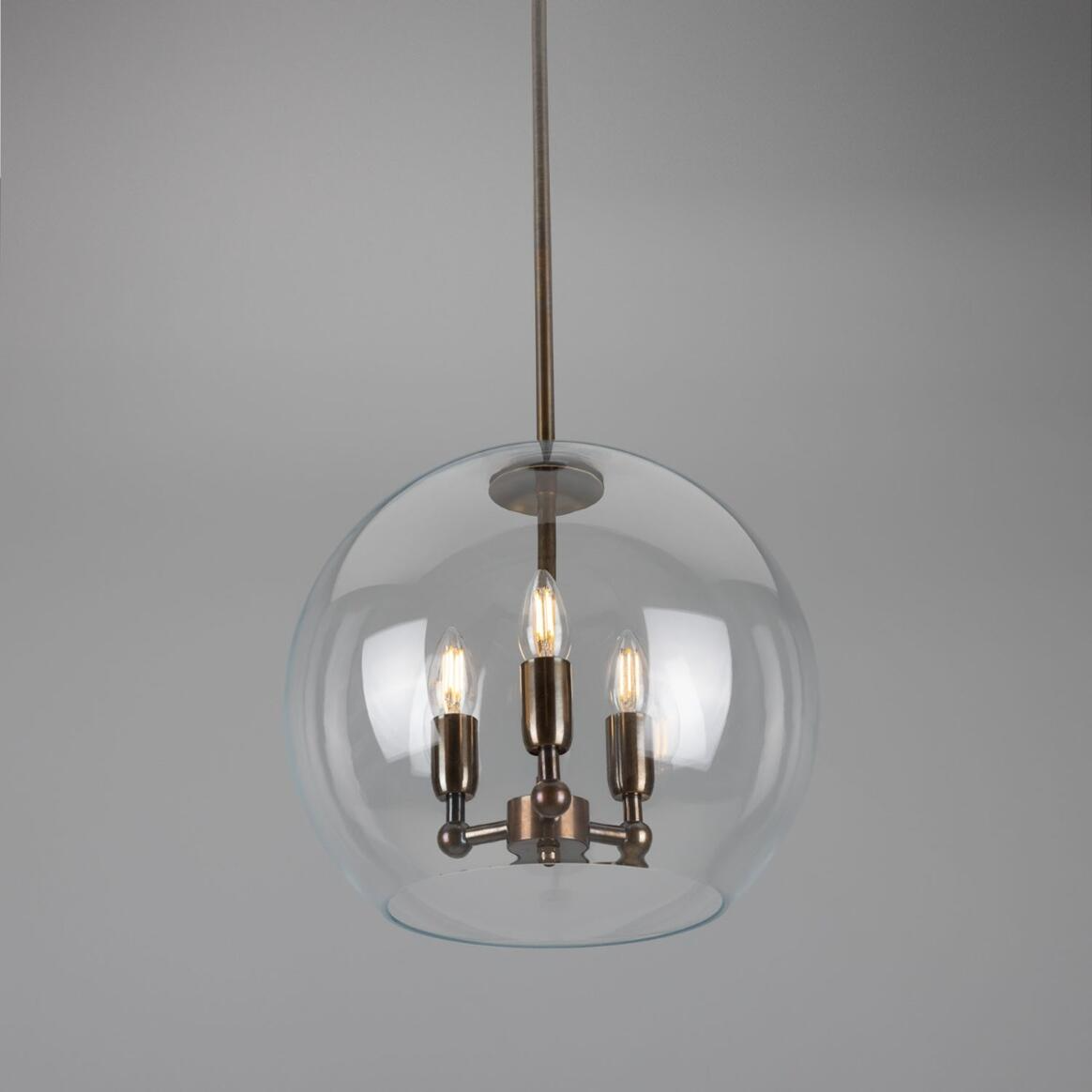 Mullan Clermont Modern Mini Chandelier with Open Glass Globe Three-Light - Antique Brass Finish