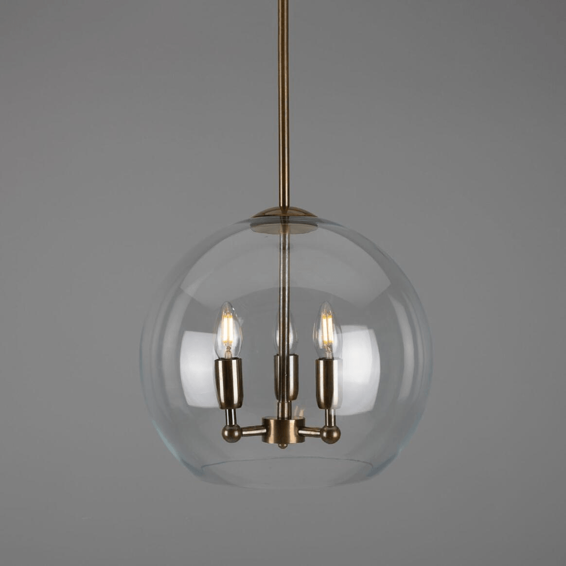 Mullan Clermont Modern Mini Chandelier with Open Glass Globe Three-Light - Antique Brass Finish