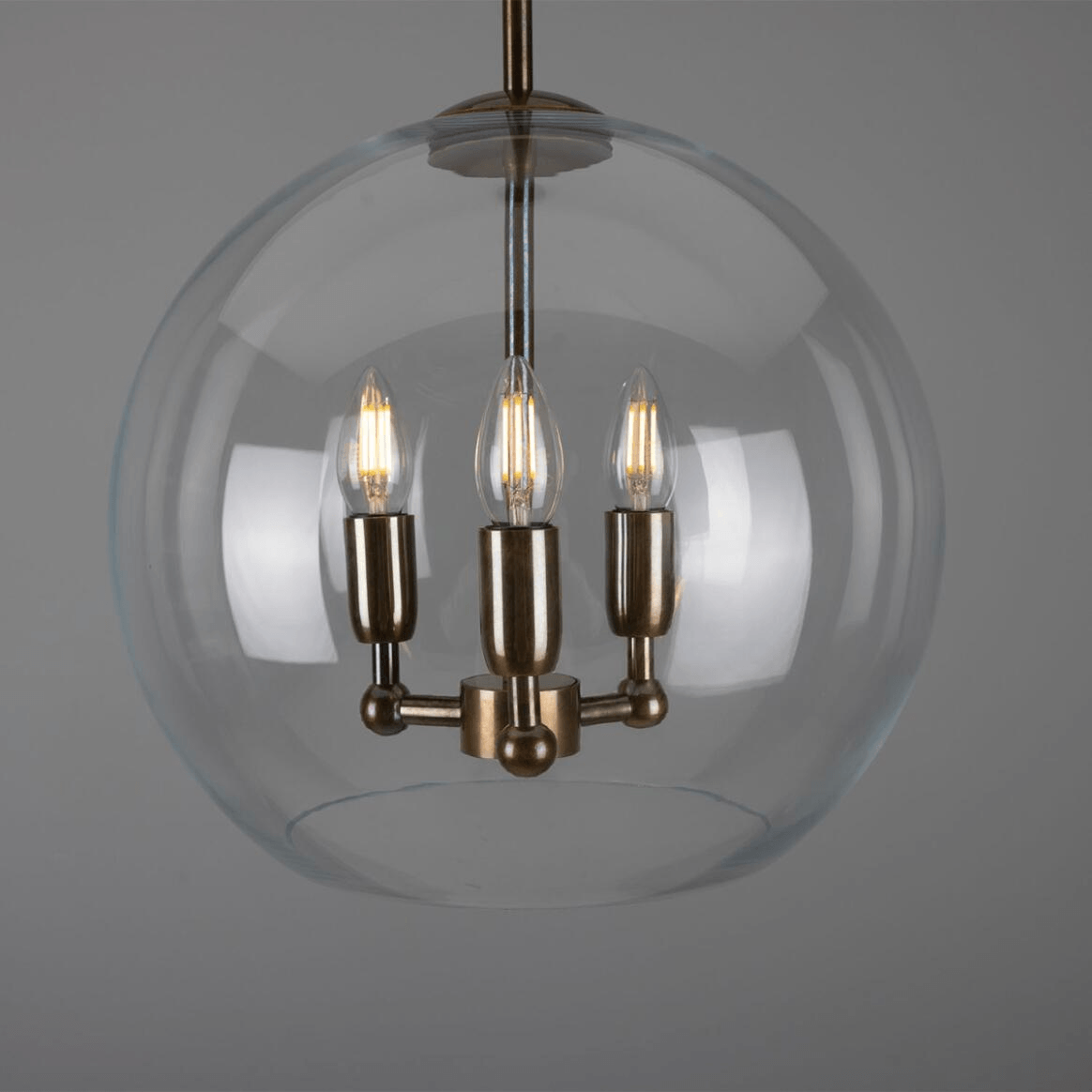 Mullan Clermont Modern Mini Chandelier with Open Glass Globe Three-Light - Antique Brass Finish