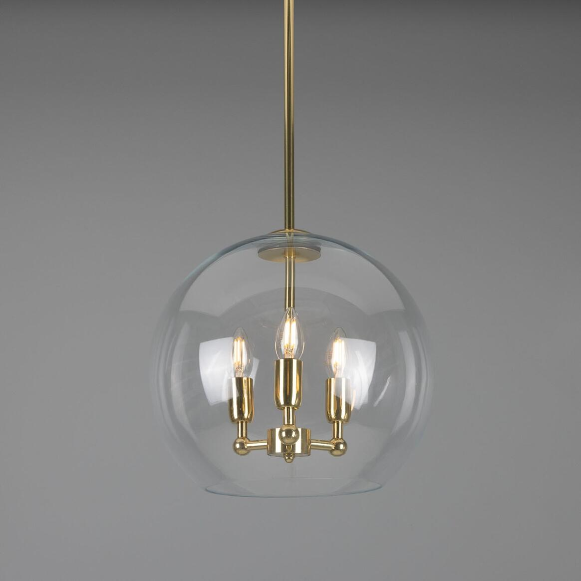 Mullan Clermont Modern Mini Chandelier with Open Glass Globe Three-Light - Polished Brass Finish