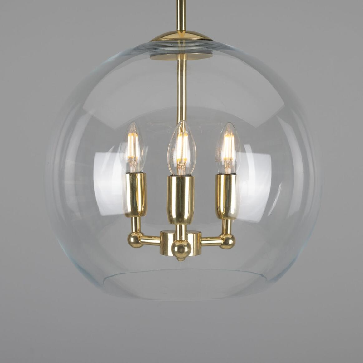 Mullan Clermont Modern Mini Chandelier with Open Glass Globe Three-Light - Polished Brass Finish