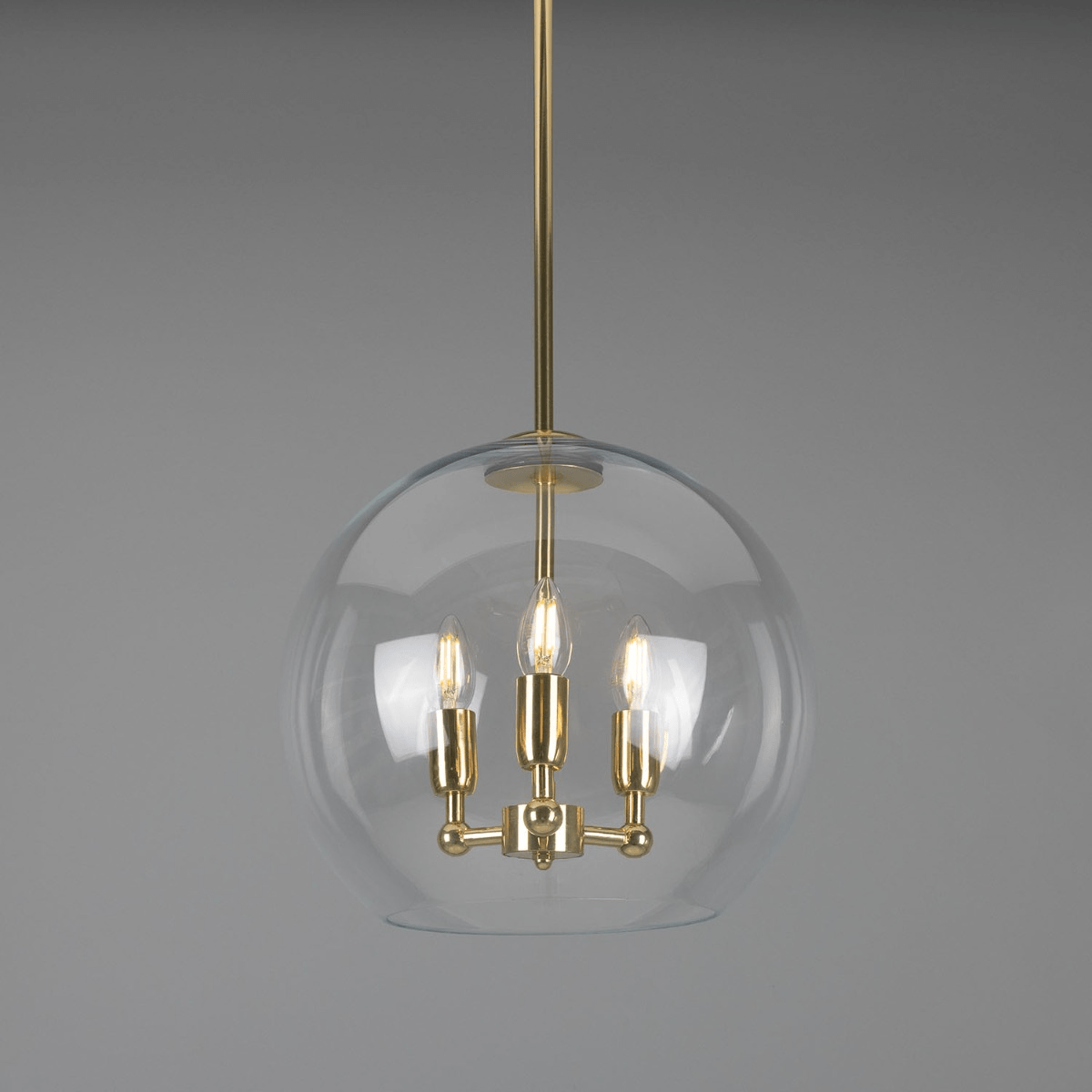 Mullan Clermont Modern Mini Chandelier with Open Glass Globe Three-Light - Polished Brass Finish