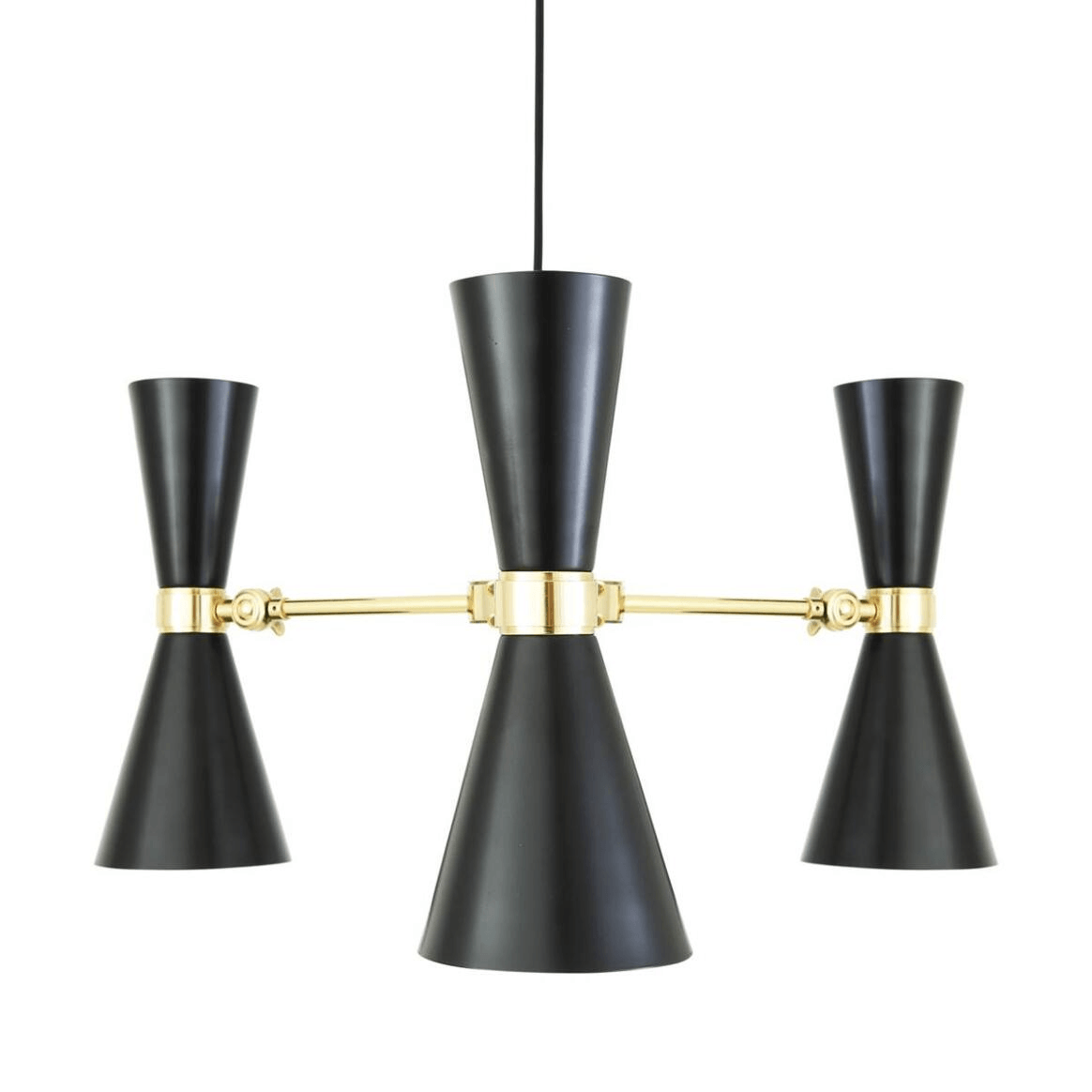 Mullan Cairo Mid-Century Chandelier Three-Arm - Powder-Coated Matte Black / Polished Brass Finish