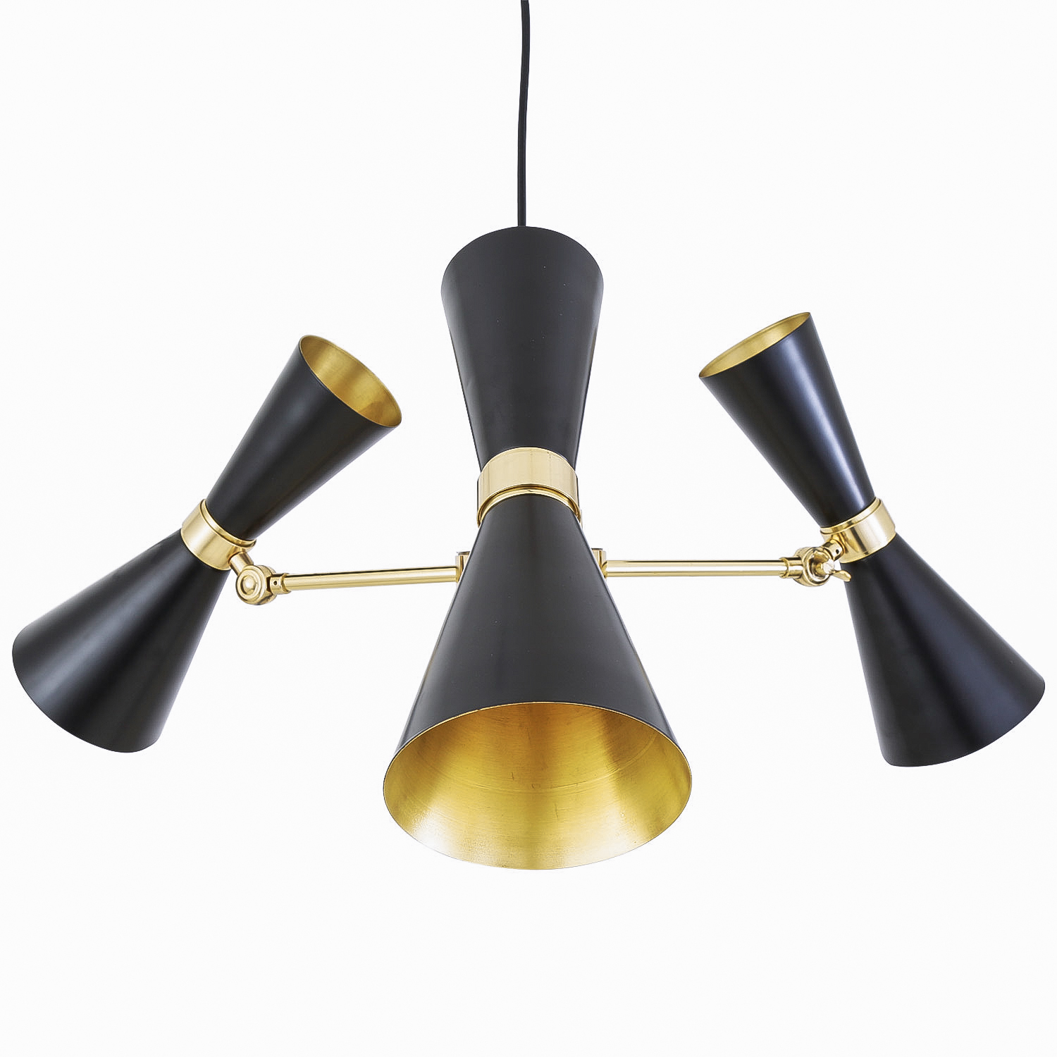 Mullan Cairo Mid-Century Chandelier Three-Arm - Powder-Coated Matte Black / Polished Brass Finish