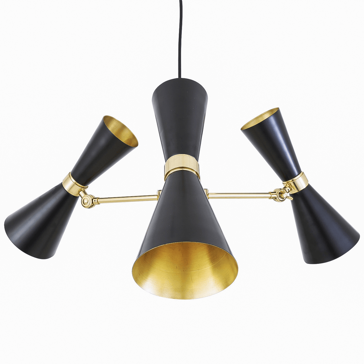 Mullan Cairo Mid-Century Chandelier Three-Arm - Powder-Coated Matte Black / Polished Brass Finish