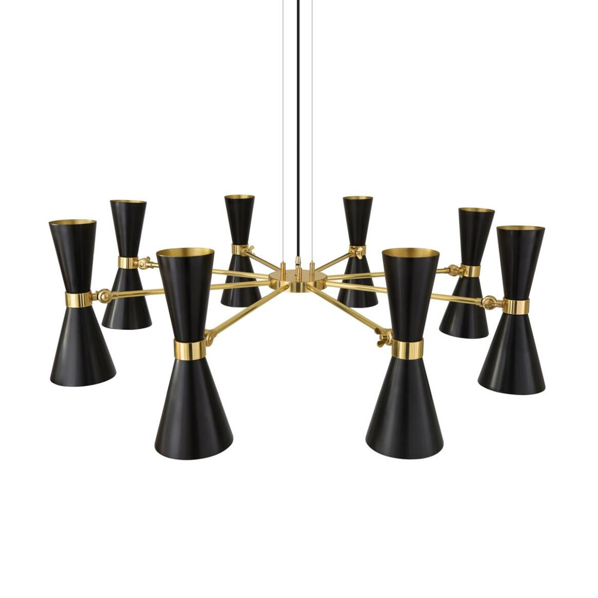 Mullan Cairo Mid-Century Chandelier Eight-Arm - Powder-Coated Matte Black / Polished Brass Finish