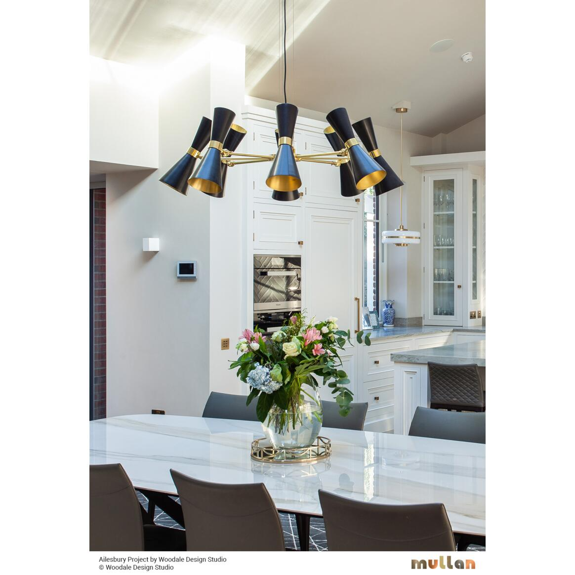 Mullan Cairo Mid-Century Chandelier Eight-Arm - Powder-Coated Matte Black / Polished Brass Finish