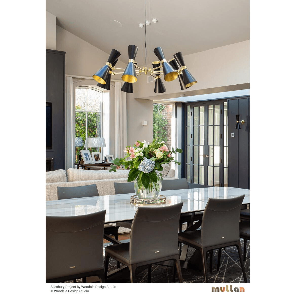 Mullan Cairo Mid-Century Chandelier Eight-Arm - Powder-Coated Matte Black / Polished Brass Finish