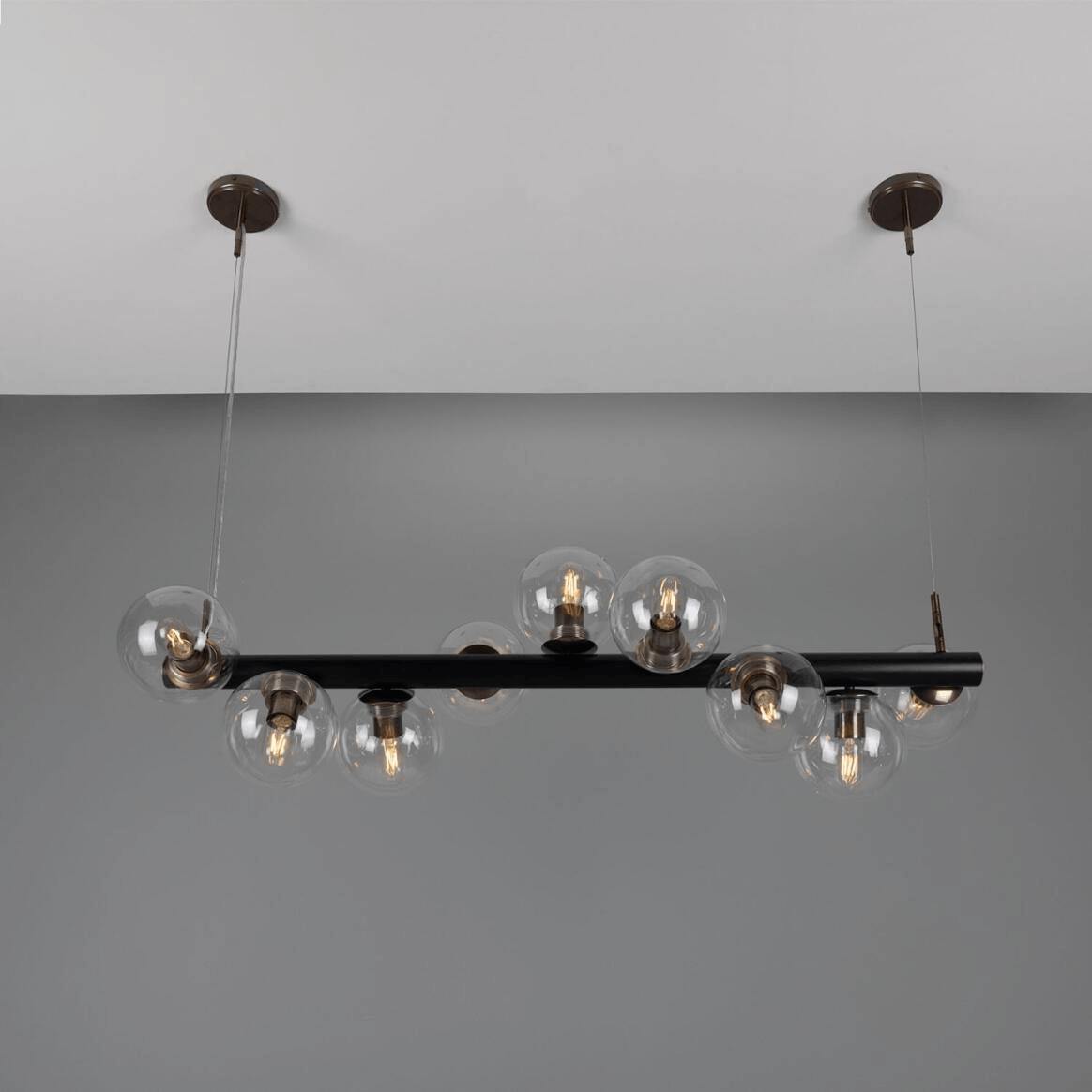 Mullan Moriarty Linear Island Pendant Light Nine-Light - Powder-Coated Matte Black and Antique Brass Finish