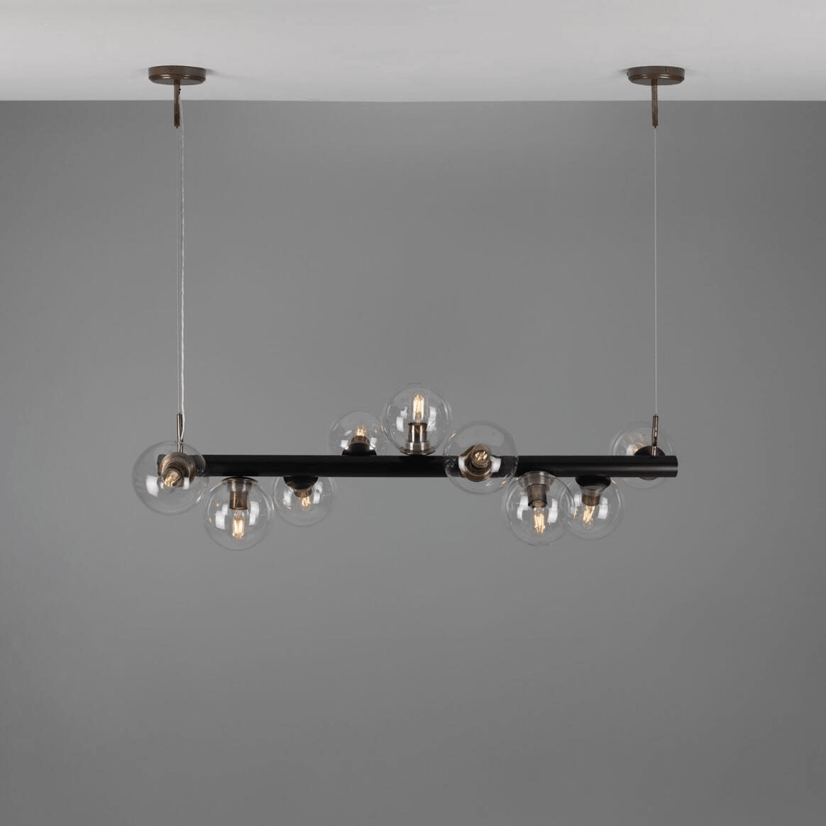 Mullan Moriarty Linear Island Pendant Light Nine-Light - Powder-Coated Matte Black and Antique Brass Finish