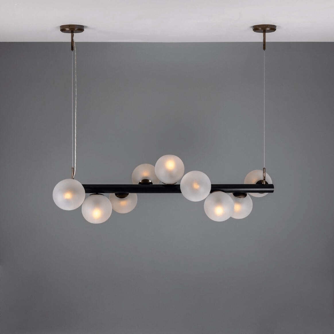 Mullan Moriarty Linear Island Pendant Light Nine-Light - Powder-Coated Matte Black and Antique Brass Finish