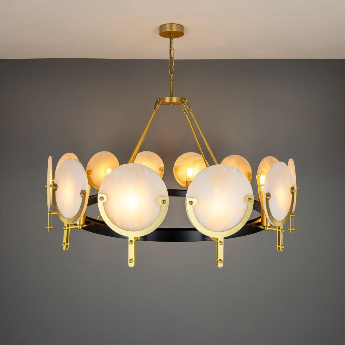 Mullan Edinburgh Alabaster and Brass Chandelier 12-Light - Powder-Coated Matte Black Finish