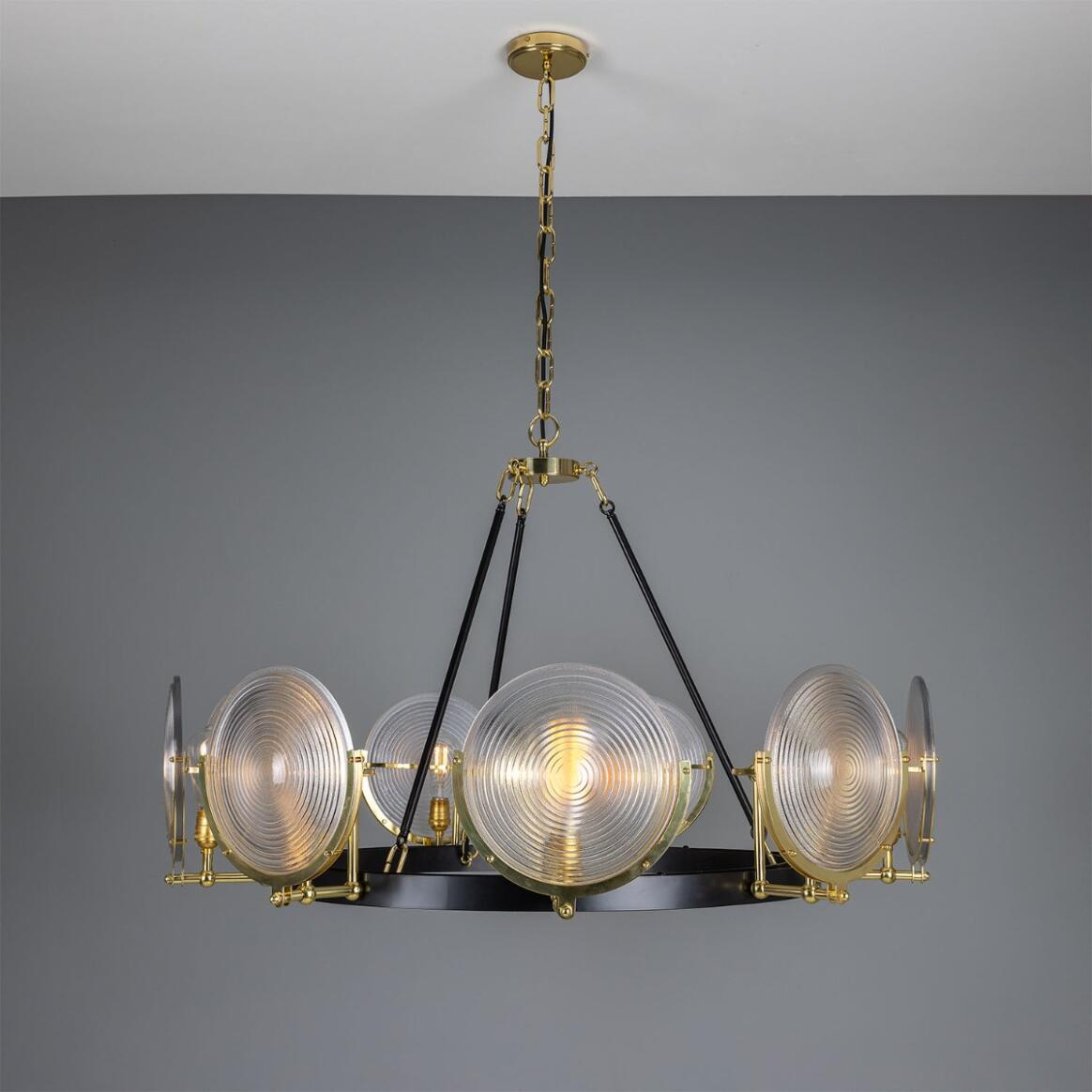 Mullan Portland Prismatic Glass Dish Chandelier Nine-Light - Polished Brass Finish
