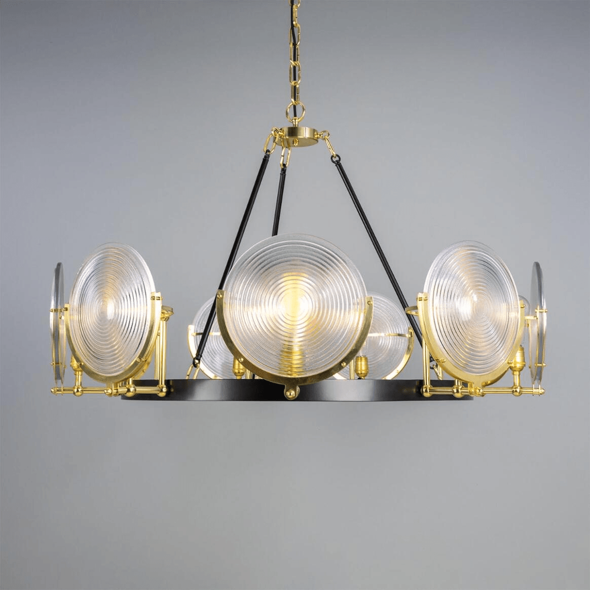 Mullan Portland Prismatic Glass Dish Chandelier Nine-Light - Polished Brass Finish