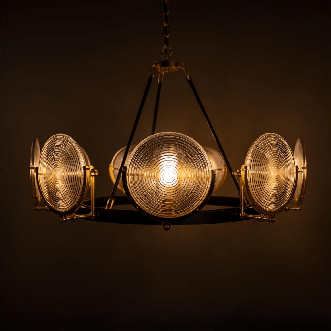 Mullan Portland Prismatic Glass Dish Chandelier Nine-Light - Polished Brass Finish