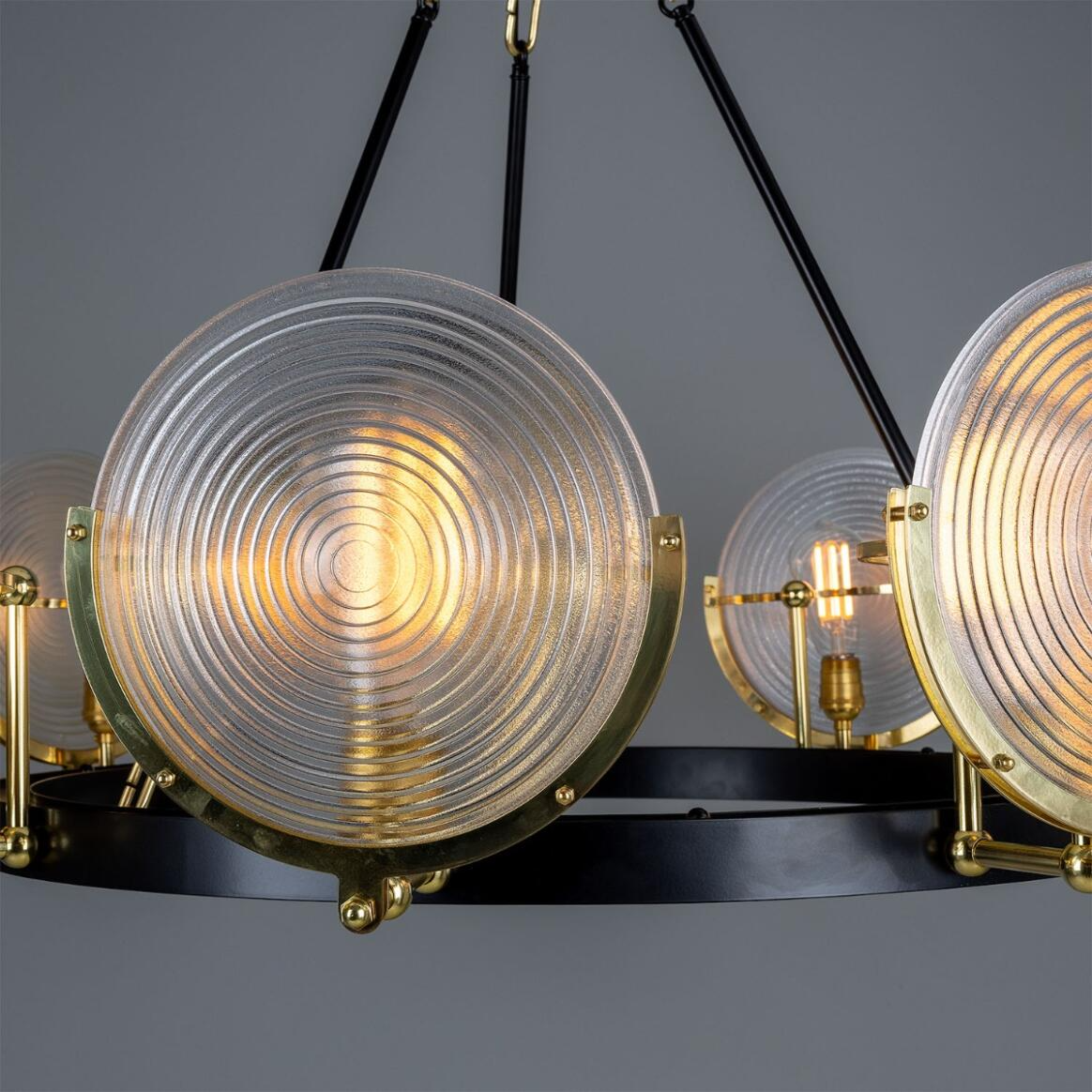 Mullan Portland Prismatic Glass Dish Chandelier Nine-Light - Polished Brass Finish