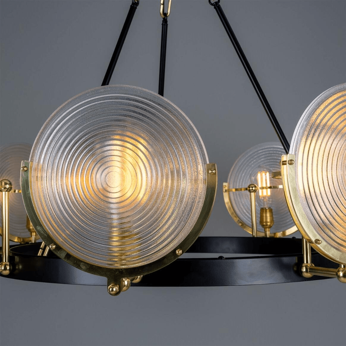 Mullan Portland Prismatic Glass Dish Chandelier Nine-Light - Polished Brass Finish