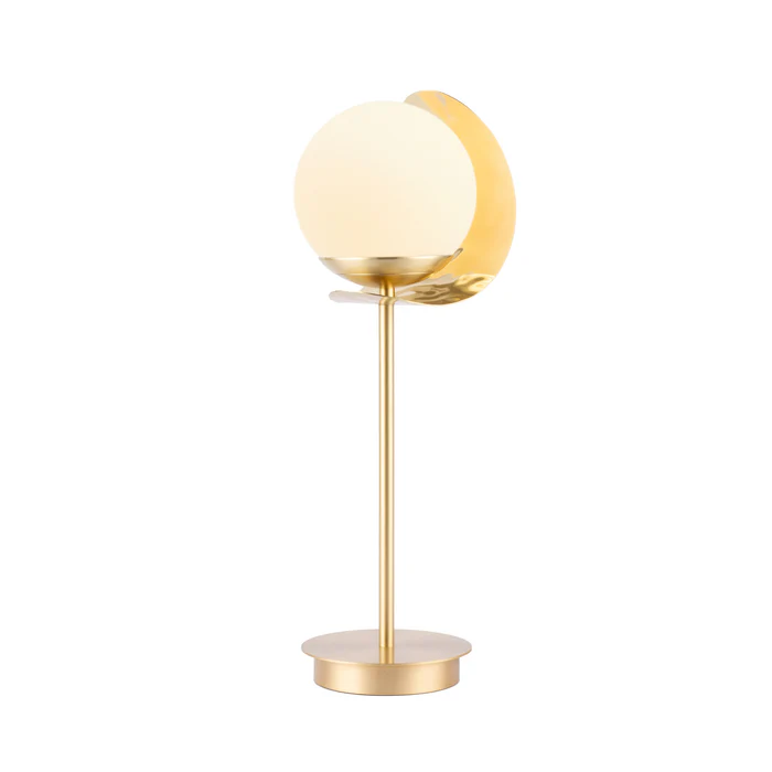 Northern Light - Callisto Opal Table Lamp - Hammered Polished Brass Finish - Matt Opal Glass Globe 150mm Shade