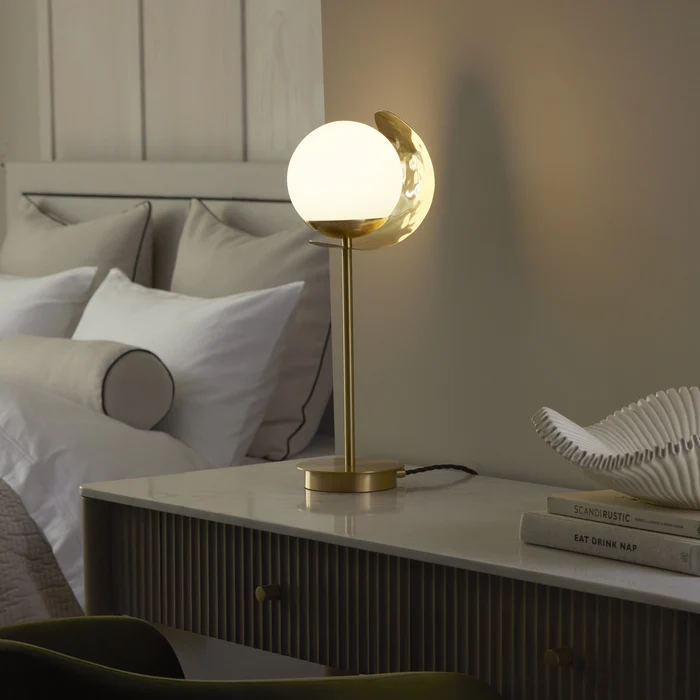 Northern Light - Callisto Opal Table Lamp - Hammered Polished Brass Finish - Matt Opal Glass Globe 150mm Shade
