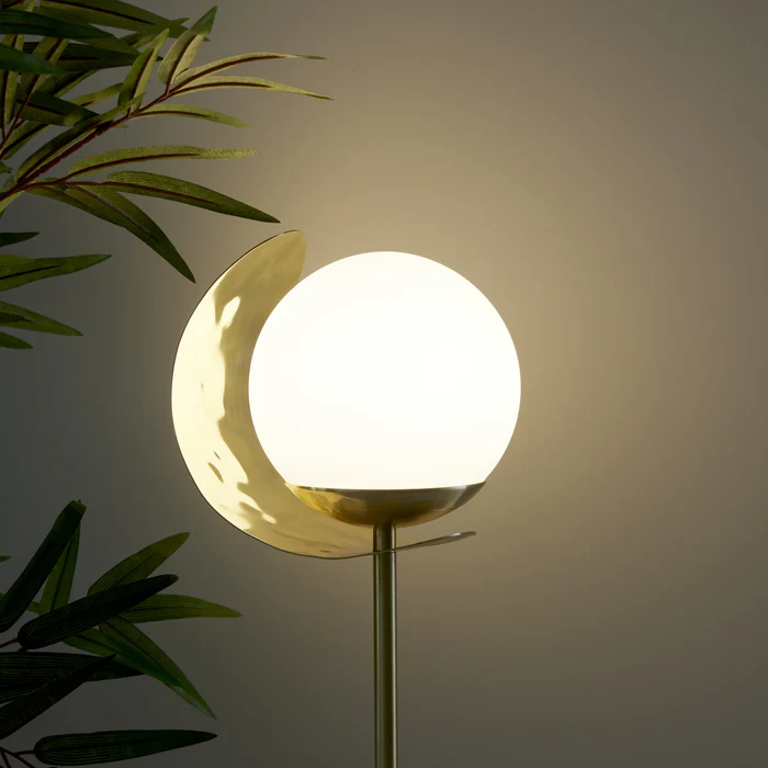 Northern Light - Callisto Opal Table Lamp - Hammered Polished Brass Finish - Matt Opal Glass Globe 150mm Shade