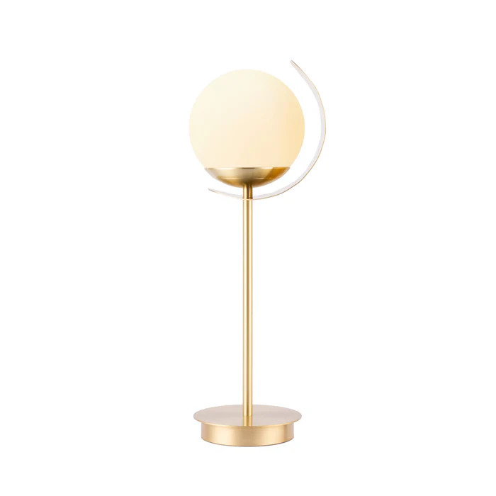 Northern Light - Callisto Opal Table Lamp - Hammered Polished Brass Finish - Matt Opal Glass Globe 150mm Shade