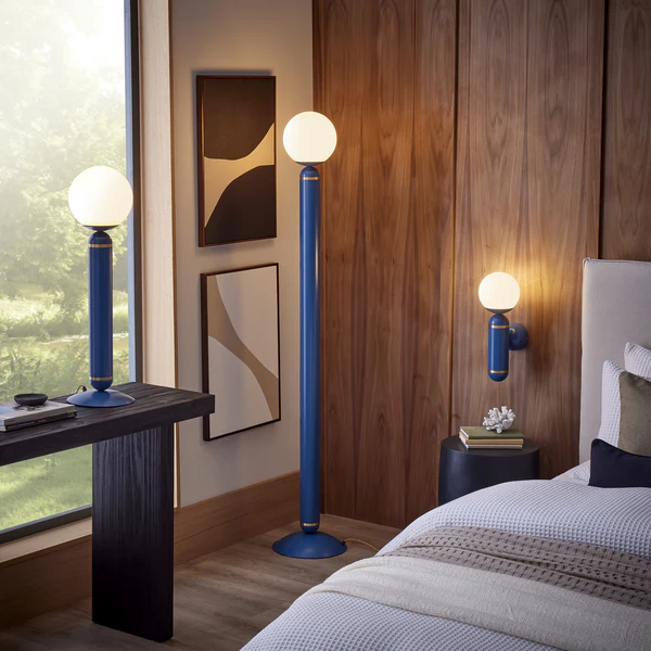 Northern Light - Novara Table Lamp - Azure Blue Brushed Brass Finish - Matt Opal Glass Globe Ø200mm Shade