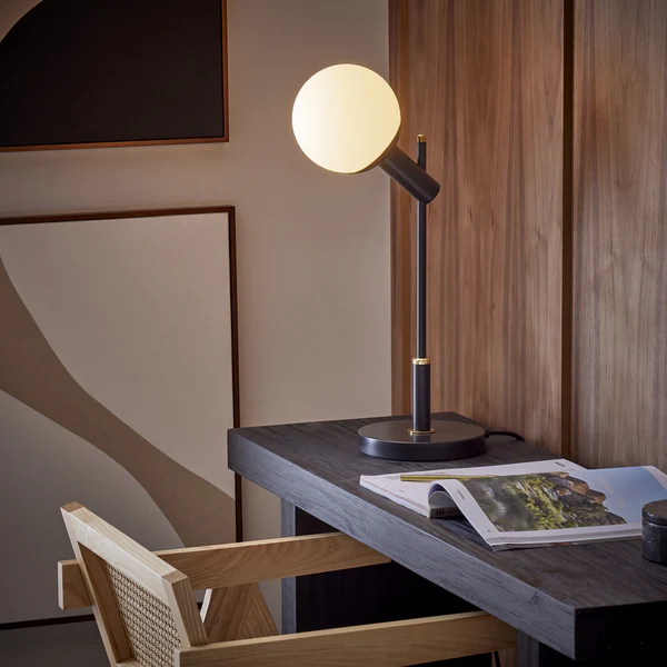 Northern Light - Lisbon Table Lamp - Black Grey Polished Brass Finish - Matt Opal Glass Globe Ø150mm Shade